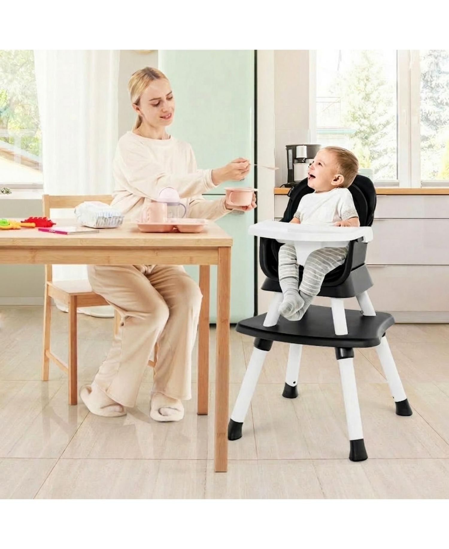 Baby Convertible 8-in-1 Baby Feeding Chair with Dual-Side Tabletop and Booster Seat