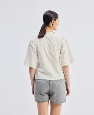 Women's Relaxed Fit Top With Ruffles and Front-Ties in Cream