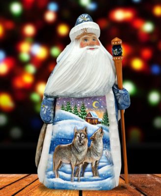 Woodcarved and Hand Painted Santa Wolf and Bird Figurine