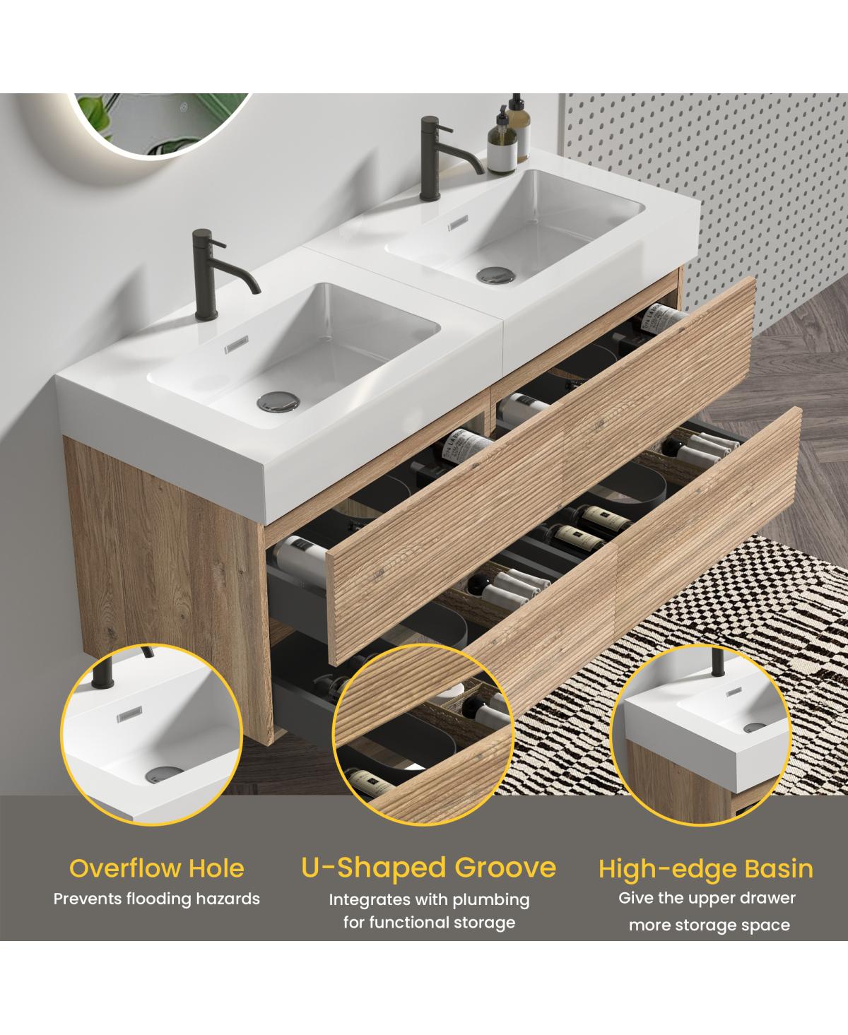 Sillysis Mid-Century Modern Bathroom Vanity with Oak Grille Double Drawers