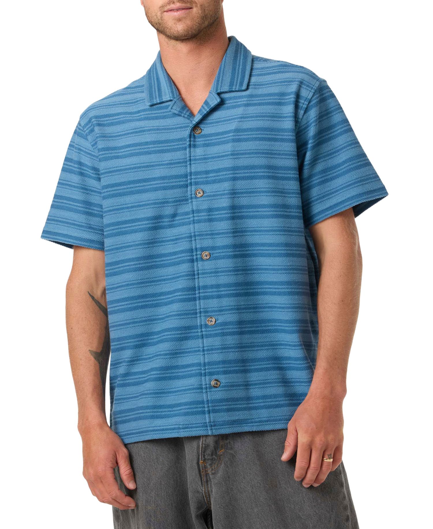 Men's Striped Herringbone Camp Collar Shirt