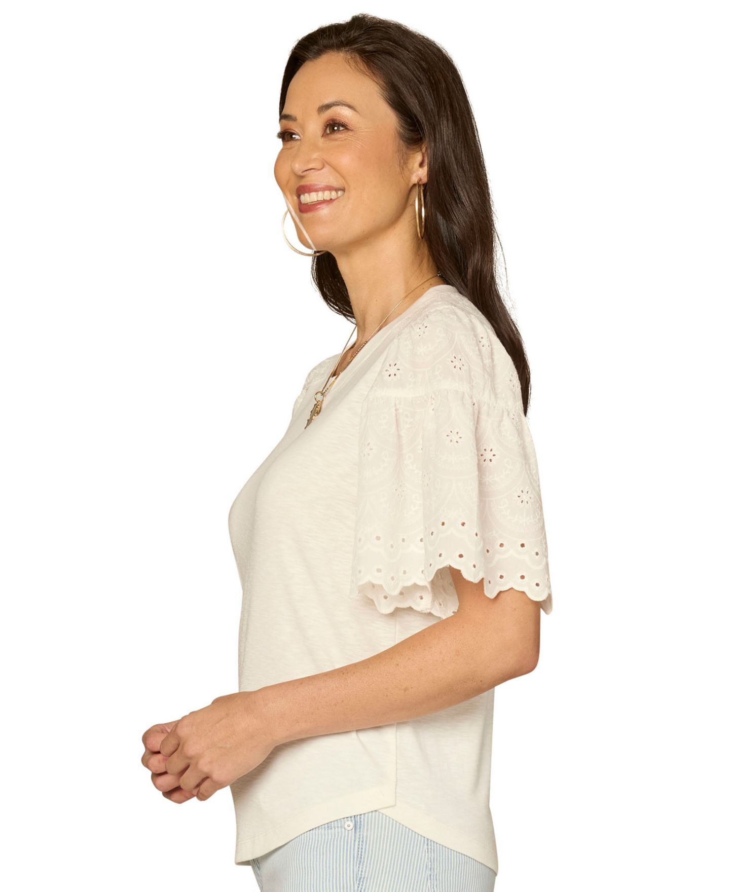 Женский топ Democracy Petite Puff-Sleeve Crewneck Shirttail Hem Knit, цвет: Молочный белый — фото 2