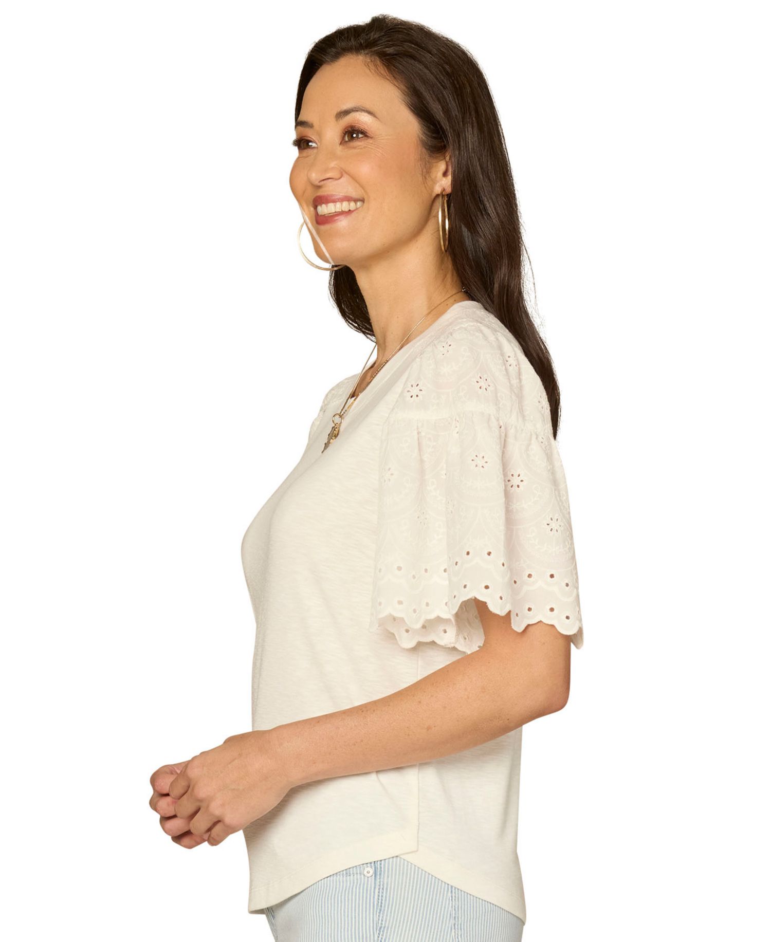 Petite Puff-Sleeve Crewneck Shirttail Hem Knit Top