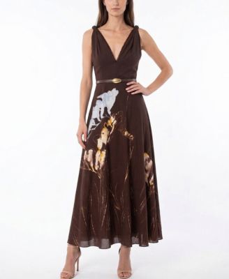 Women's Floral Belted V-Neck Sleeveless Dress