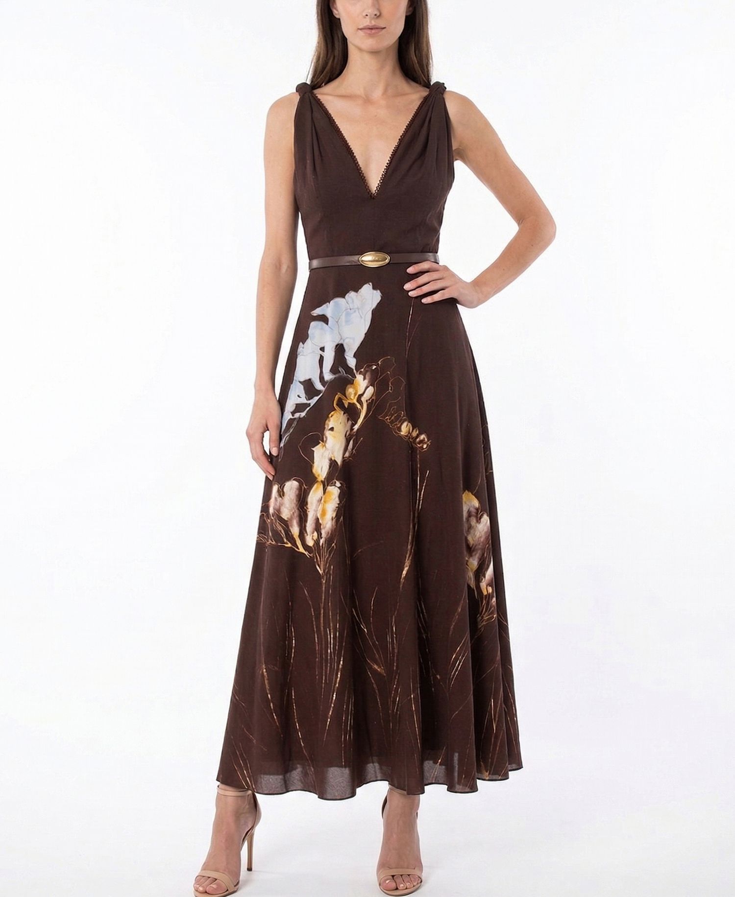 Women's Floral Belted V-Neck Sleeveless Dress