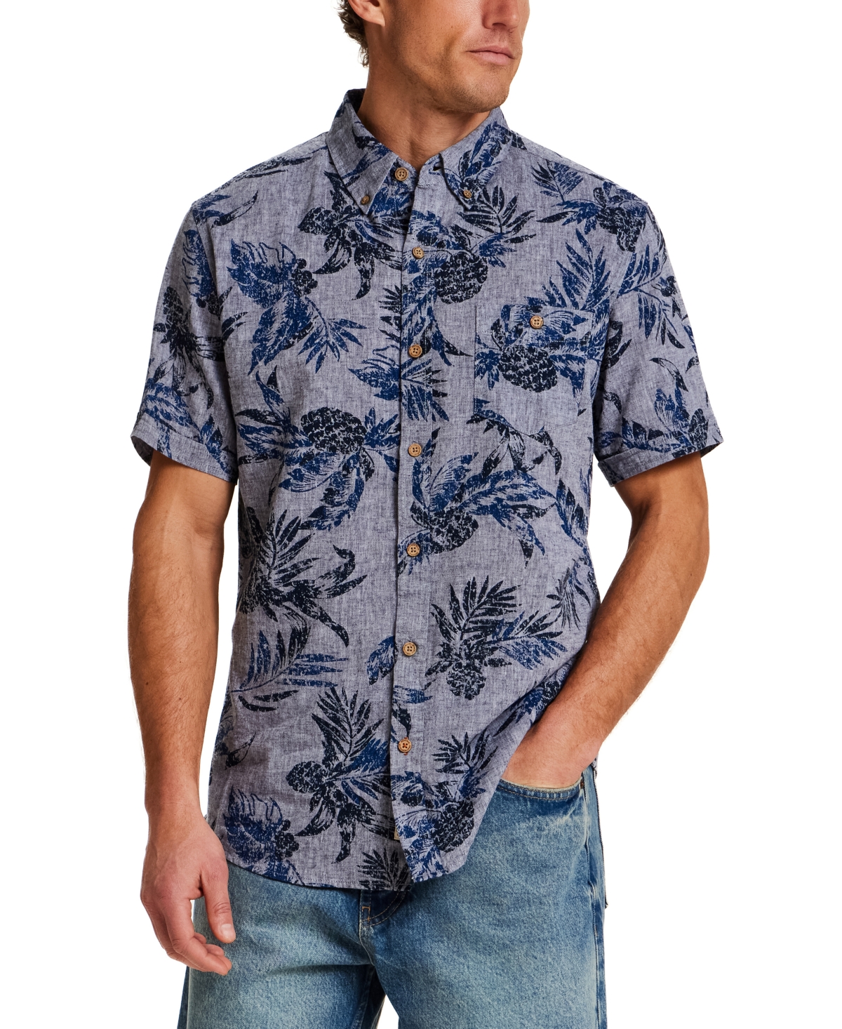 Weatherproof Vintage Men's Short Sleeve Print Linen Cotton Shirt - Dress Blue