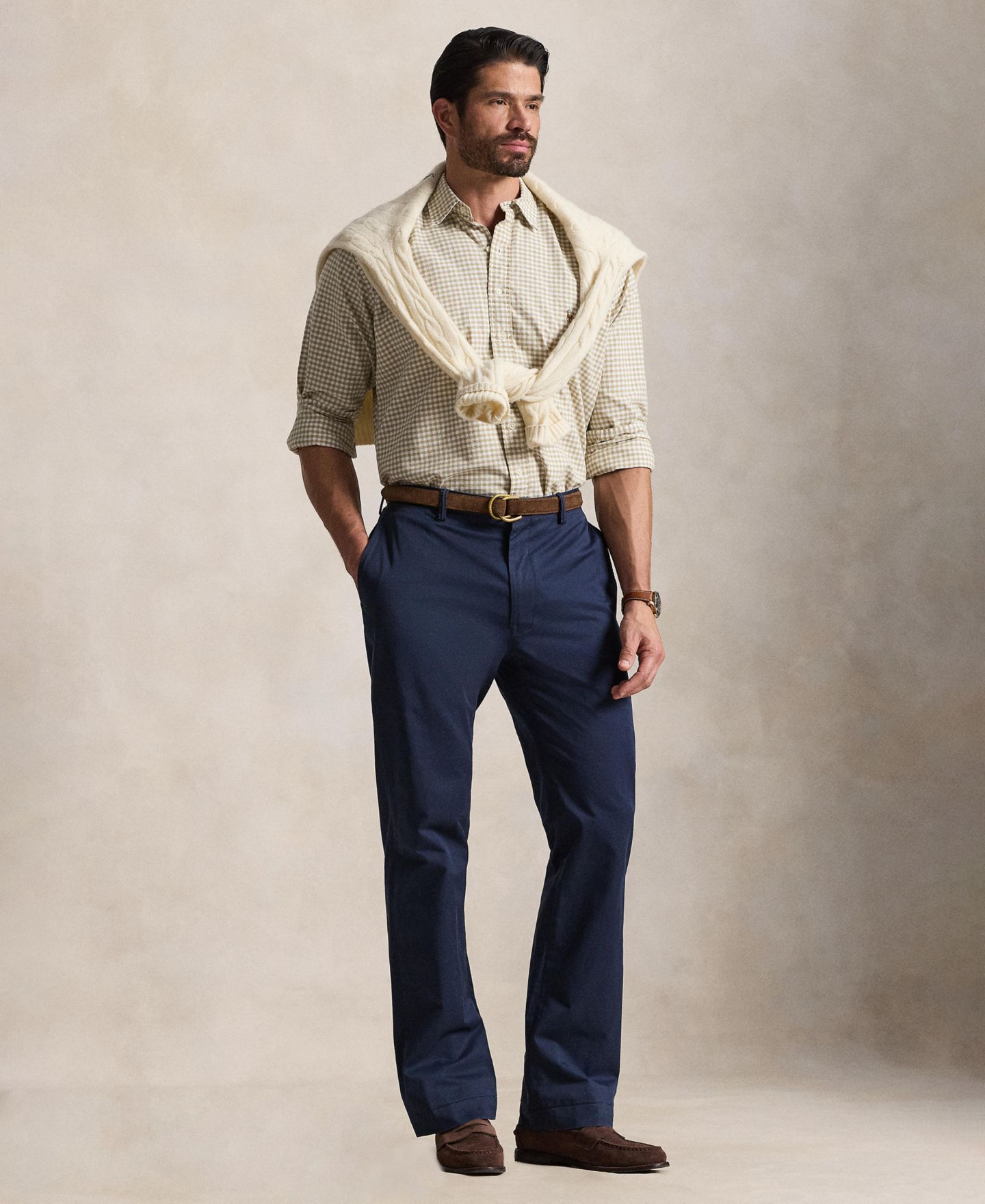 Мужская рубашка Polo Ralph Lauren Big & Tall Iconic Oxford, цвет: Бежевый / Белый — фото 2