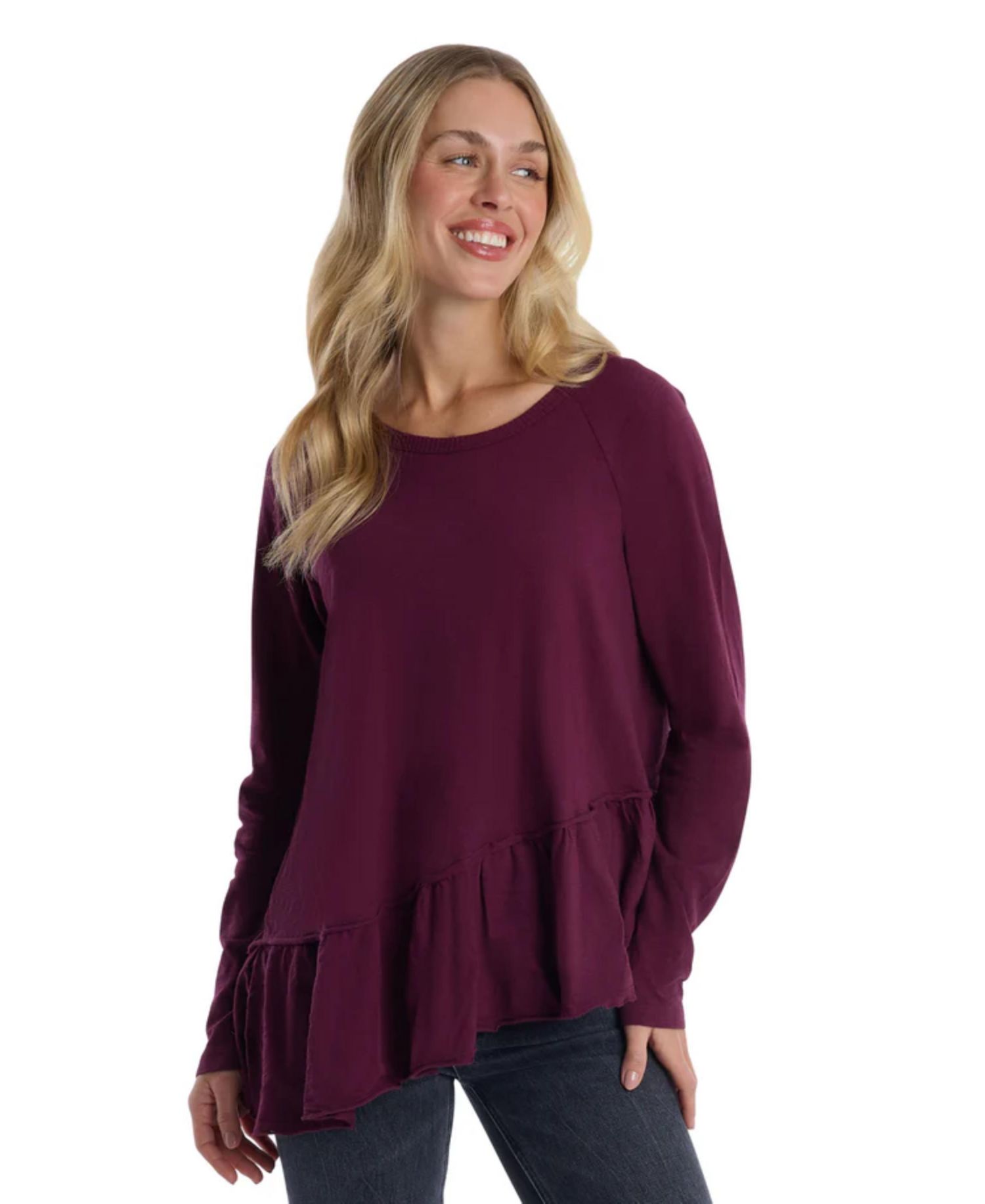 Women's Clothing Raglan Long Sleeve Asymmetric Peplum