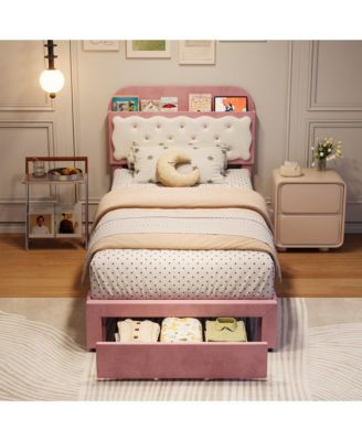 Velvet Upholstered Bed Frame with Storage Headboard, Footboard Drawer and Wood Slats, Box Spring Not Required
