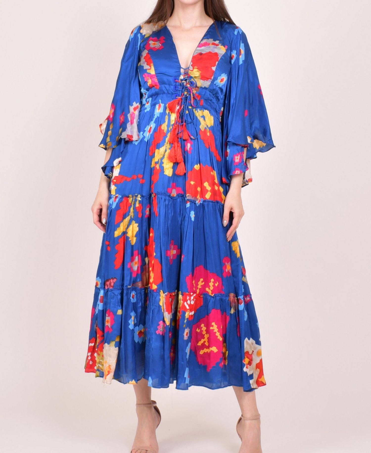 Women's Blue Angel Sleeves Ruffle Maxi Sundress