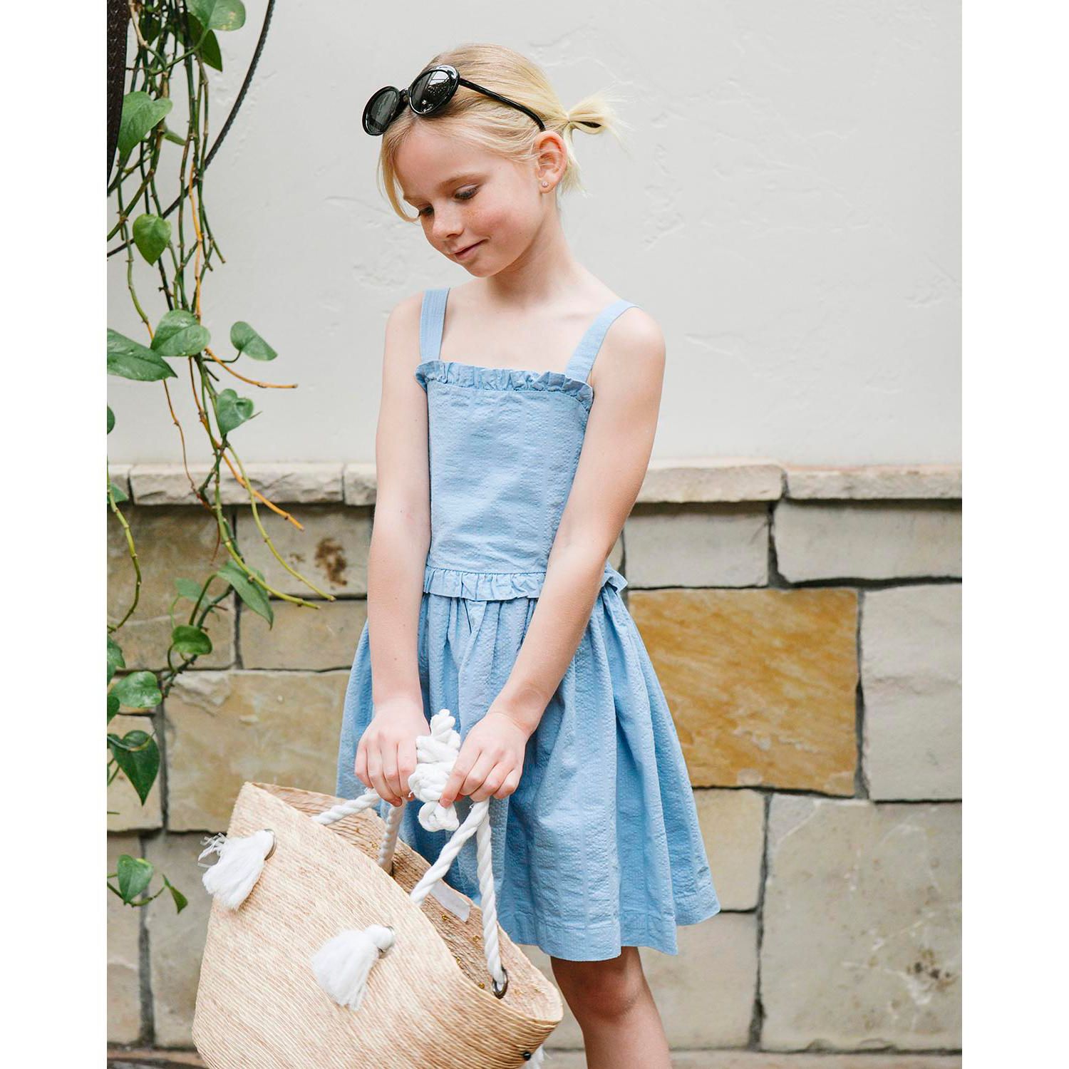 Little Girls Hope and Henry Organic Ruffle Edge Seersucker Apron Dress