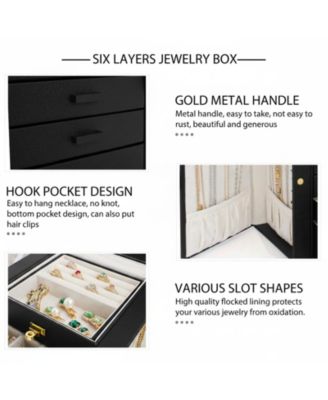 Extra Large 6-Tier Jewelry Organizer with Mirror 5 Drawers Leather Storage Case for Women