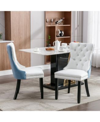 Dining Chairs Set of 2, Modern PU and Velvet Upholstered Kitchen Chairs with Wood Legs, Nailhead Trim and Button Design for Dining Room