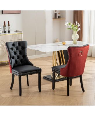 Dining Chairs Set of 2, Modern PU and Velvet Upholstered Kitchen Chairs with Wood Legs, Nailhead Trim and Button Design for Dining Room
