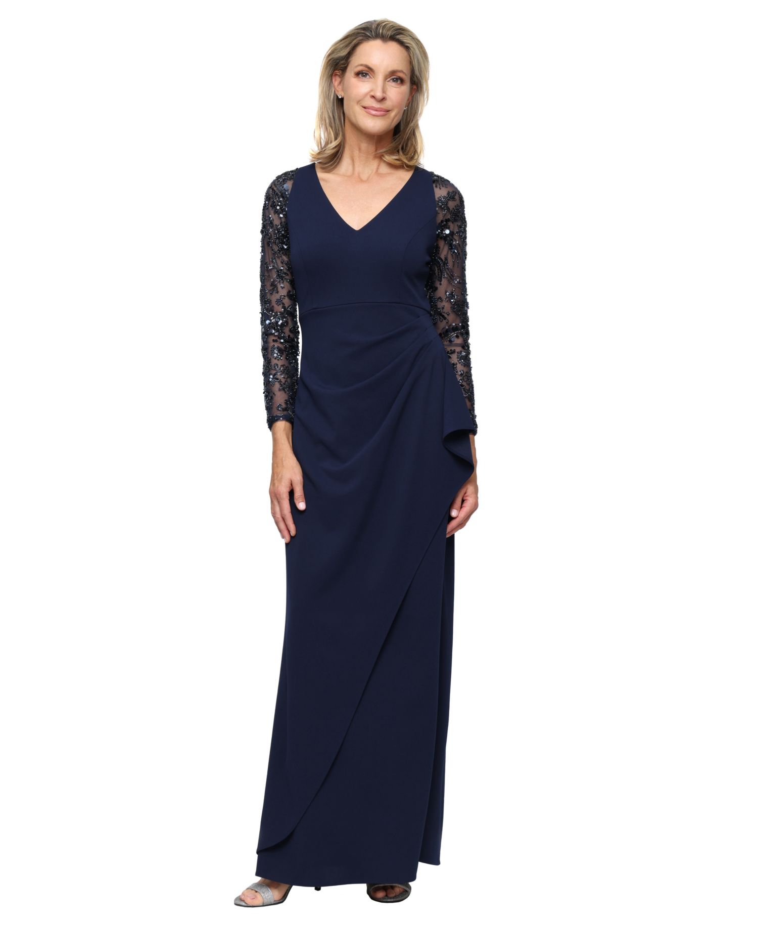 Женское длинное платье из эластичного крепа с V-образным вырезом и отделанным бисером рукавом-иллюзией