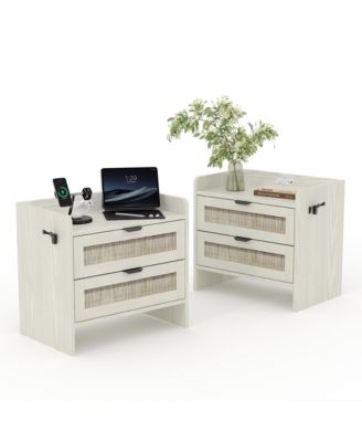 Home Set of 2 Boho Nightstands, Engineered Wood Bedside Tables with Rattan 2 Drawers Storage