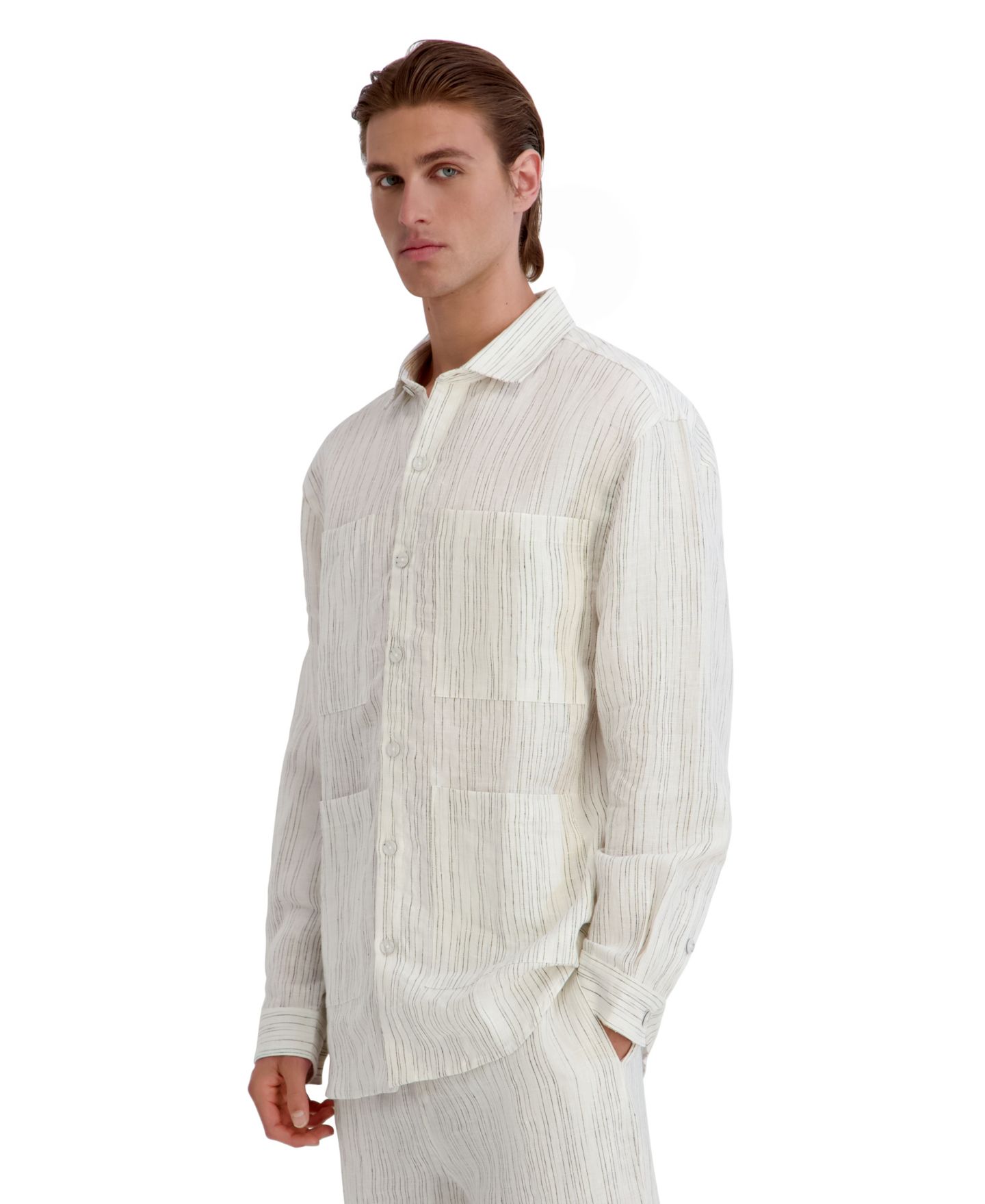 Мужская куртка KARL LAGERFELD PARIS Relaxed-Fit Striped Linen Shirt Jacket, цвет: Белый — фото 3