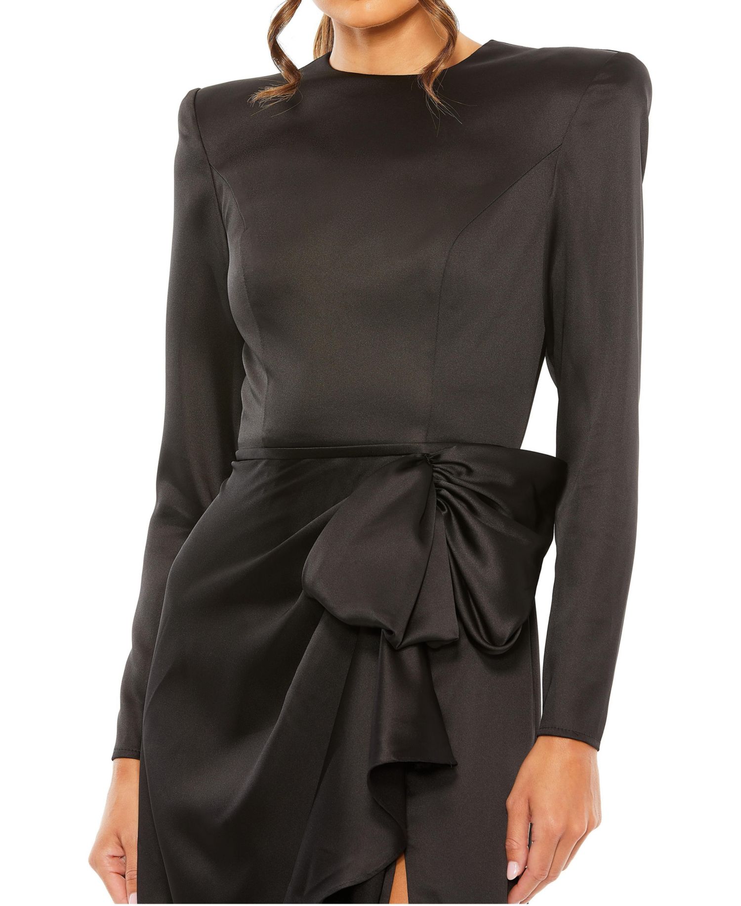 Petite Long Sleeve Satin Structured Bow Draped Column Gown