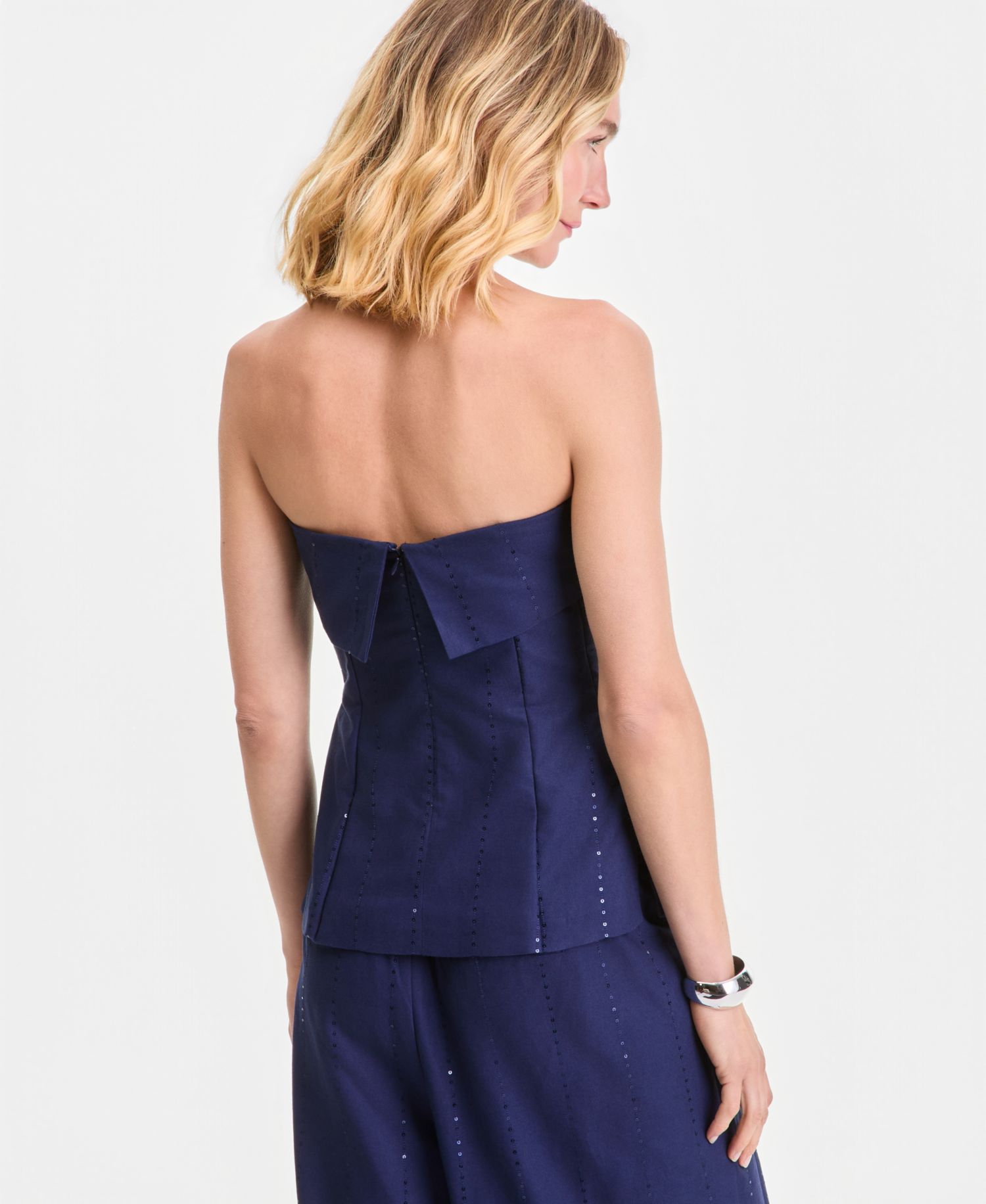 Women's Sequin Pinstripe Linen-Blend Strapless Top