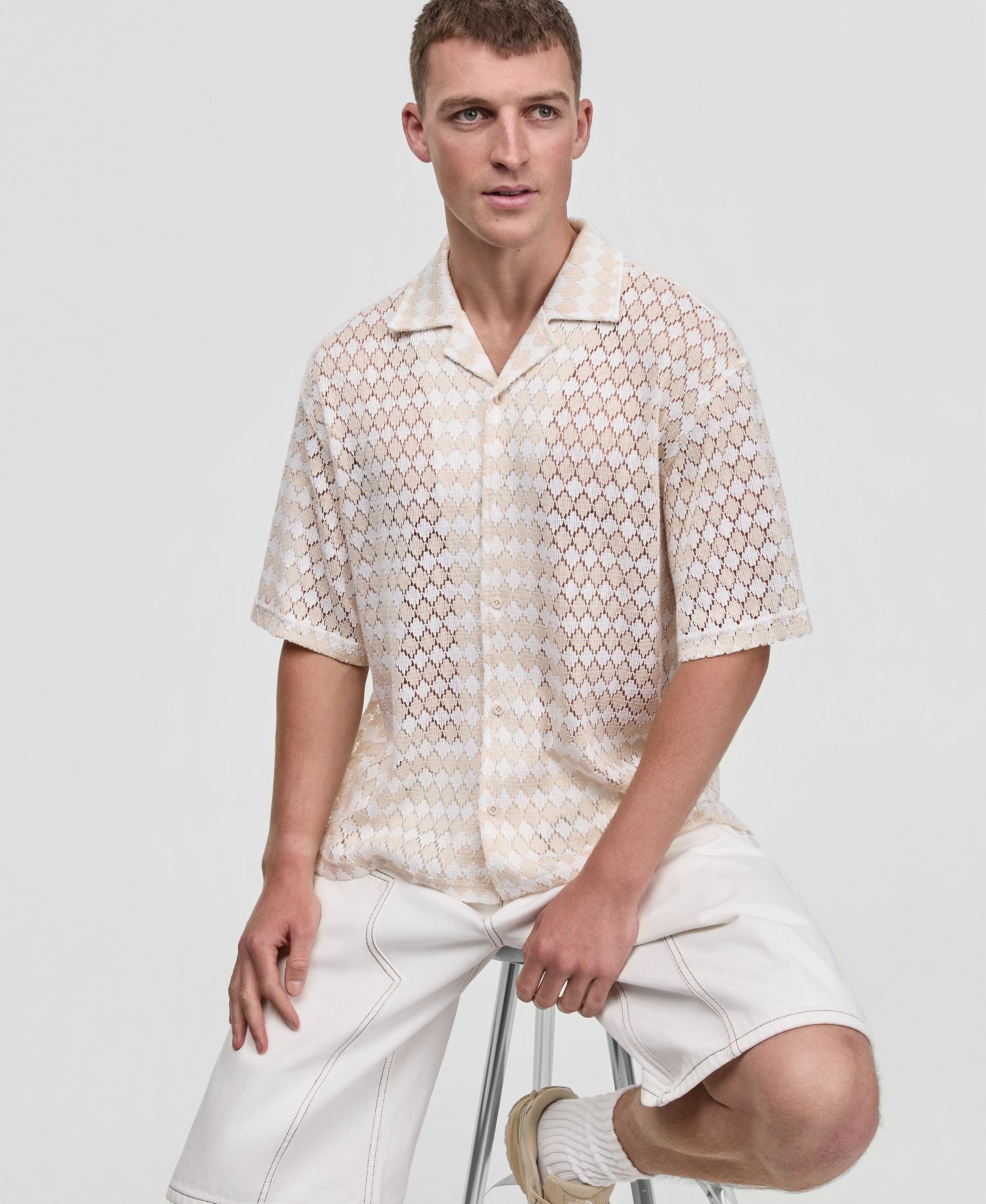 Men's Diamond-Crochet Camp Shirt