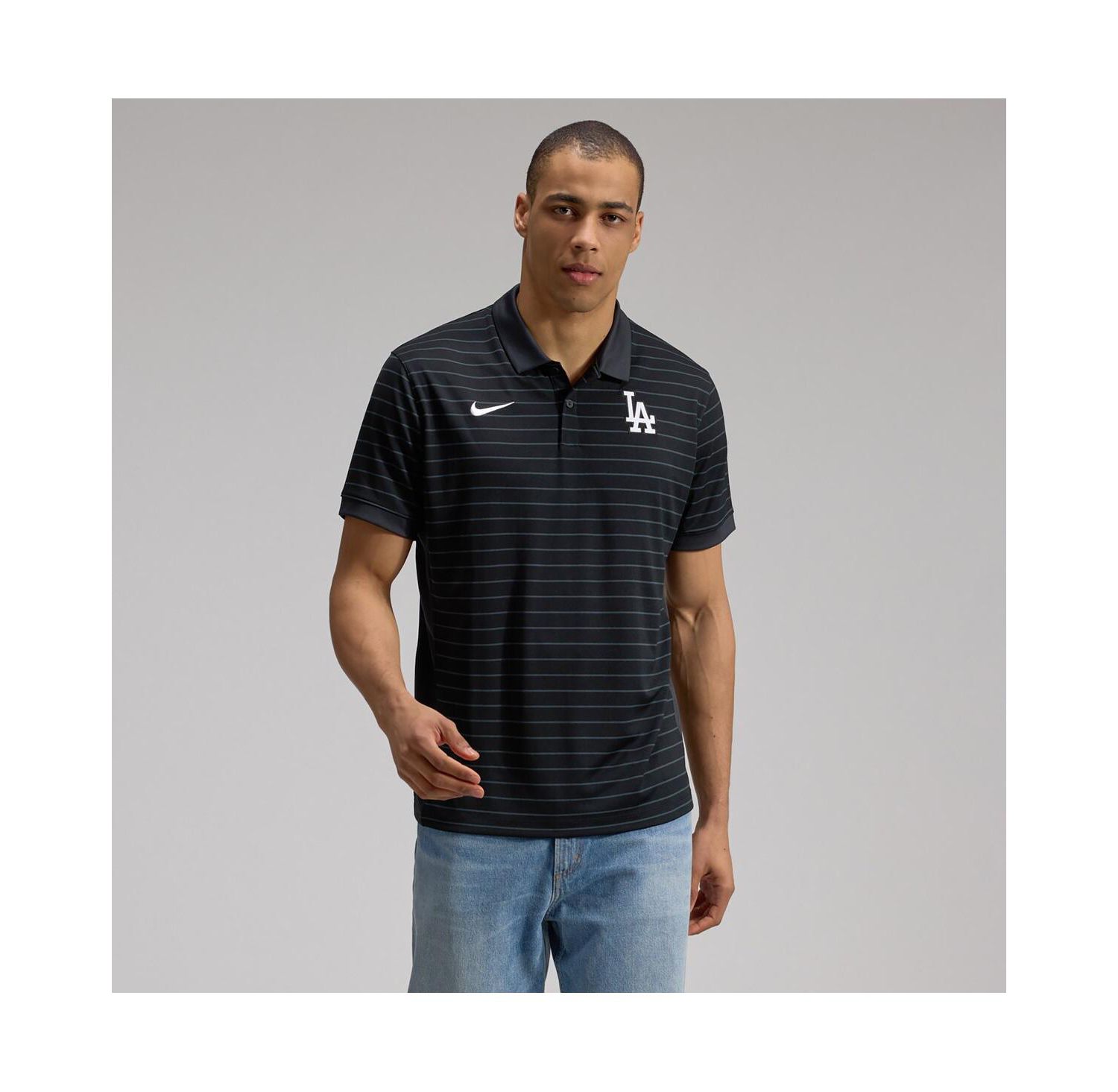 Men's Black Los Angeles Dodgers Authentic Collection Striped Victory Dri-FIT Polo Shirt