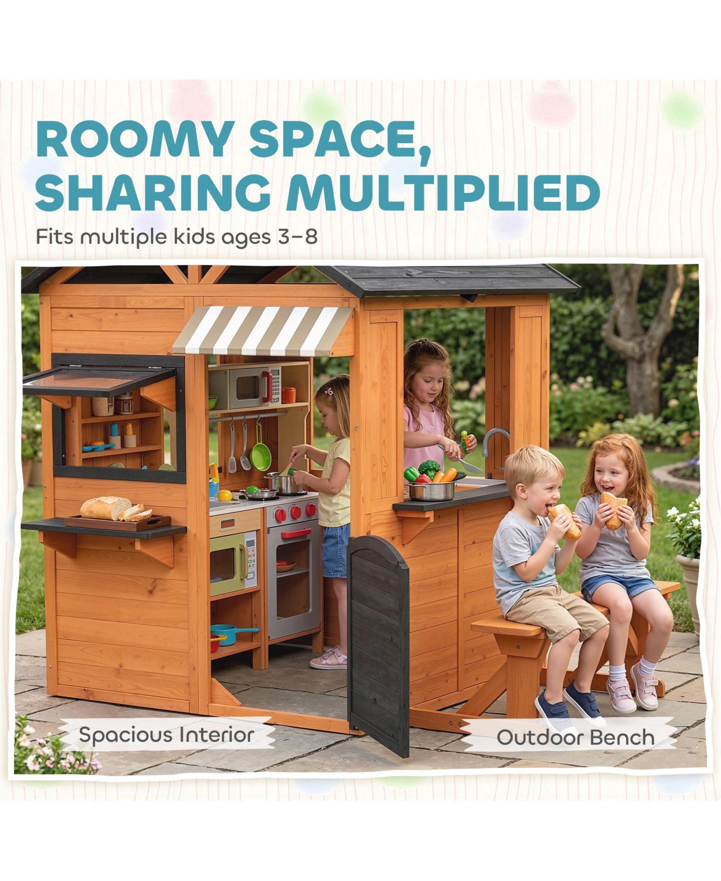 Детская игрушка Qaba Outdoor Wooden Playhouse with Play Kitchen, Ages 3+, цвет: Коричневый — фото 7