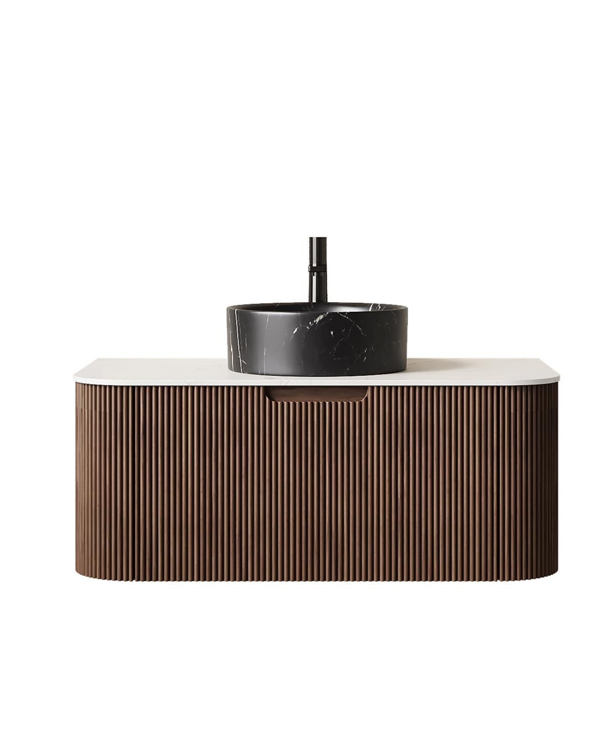 Sillysis Wall Mounted Bathroom Vanity, Ceramic Vessel Sink, Carrara Sintered Stone Top, Soft Close Drawer