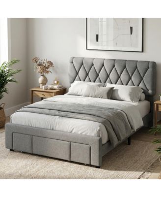 Upholstered Bed Frame with 2 Storage Drawers and Wood Slats, Box Spring Not Required