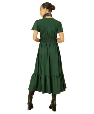 green dip hem dress Yumi Women's Butterfly Print Midi Wrap Emerald green