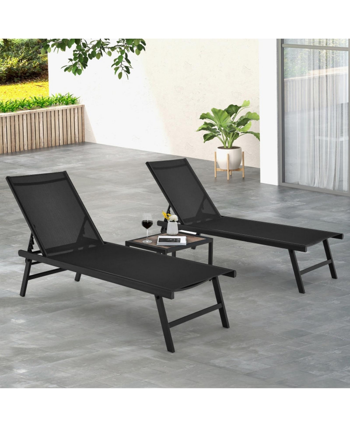 Gouun 3 Piece Patio Chaise Lounge Chair Set with 6-Position Backrest, 2 Loungers and Side Table