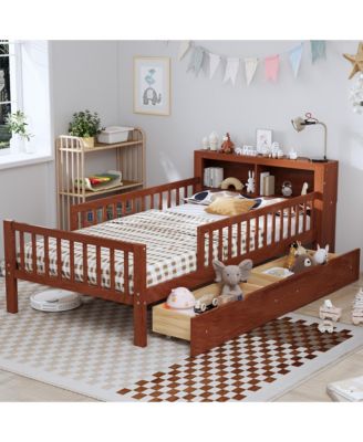 Kids Twin Bed Frame, Wooden Platform Bed with Headboard Storage Rack, 2 Under-Bed Drawers and 3-Side Guardrails for Bedroom