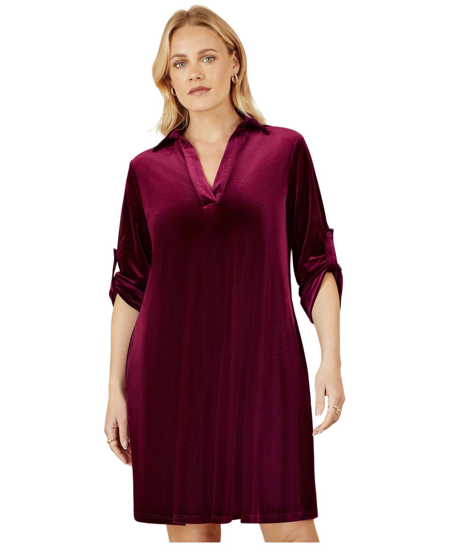 Women's Velvet Sleeve Collared Tunic Dress