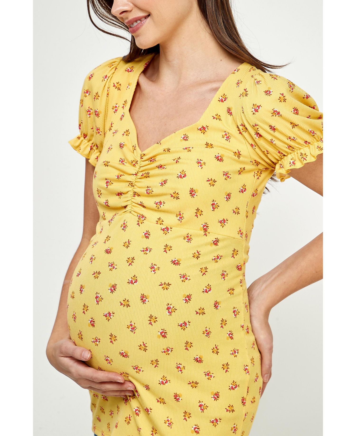 Maternity Ribbed Floral Ruched Front Puff Sleeve Top