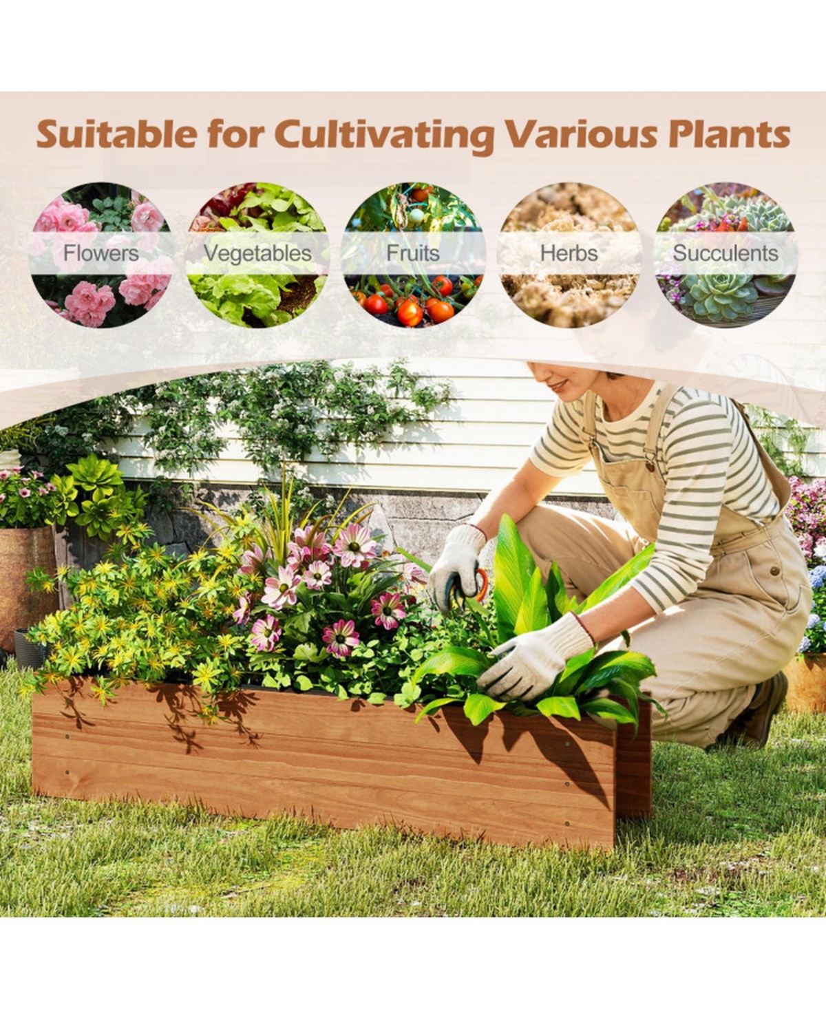 Gouun Pine Wood Raised Planter Box with Built-In Drainage