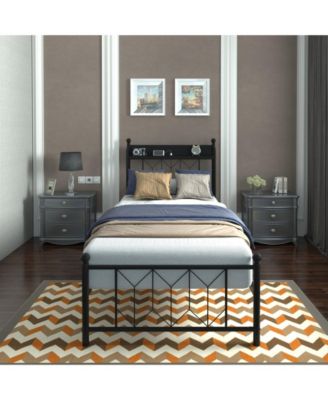 Twin Bed Frames, Headboard and Charging Station and LED Light for Bedroom, Solid and Stable