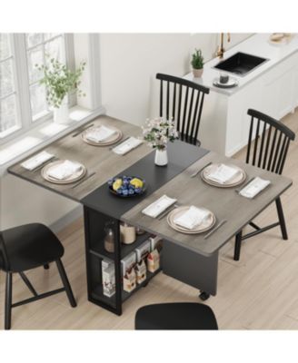 Expandable Farmhouse Dining Table with Storage and 6 Wheels, Space-Saving Drop-Leaf Design for 4 People
