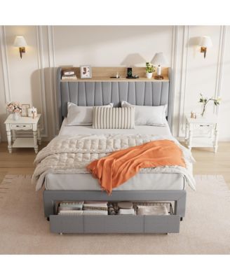 Upholstered Bed Frame with Storage Headboard, Charging Station and Drawer, Wood Slats