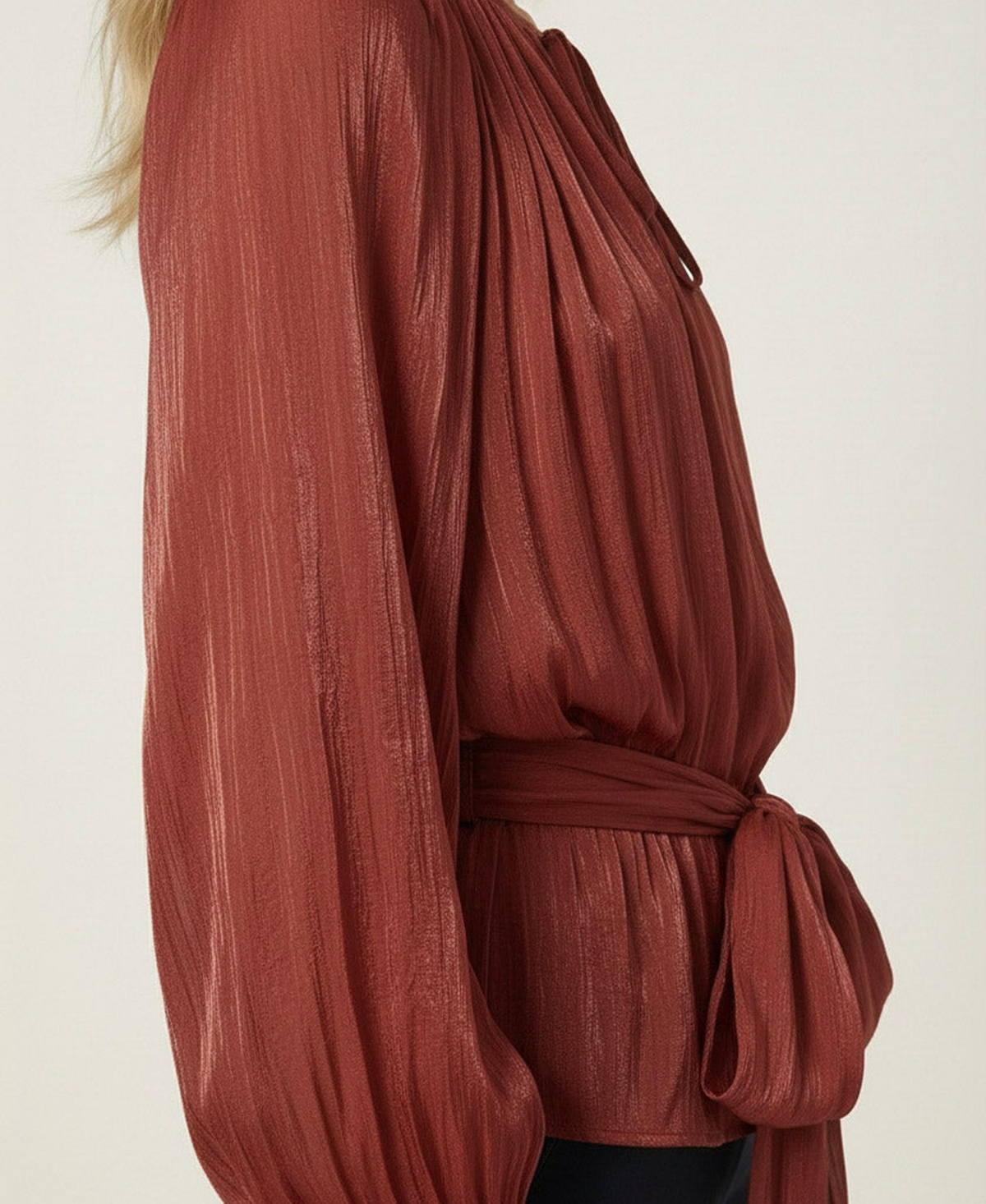 Modenaire Women's Tie-Neck Belted Long-Sleeve Blouse