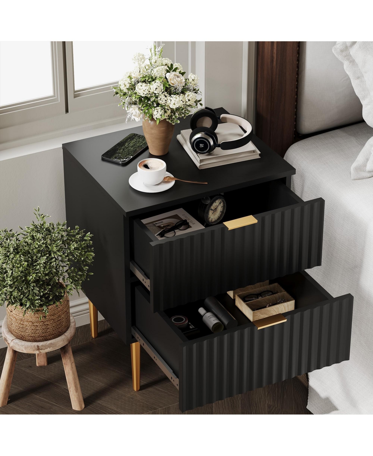 gaomon Home Set of 2 Mid Century Nightstand Wood Bedside Table Drawers Fluted End