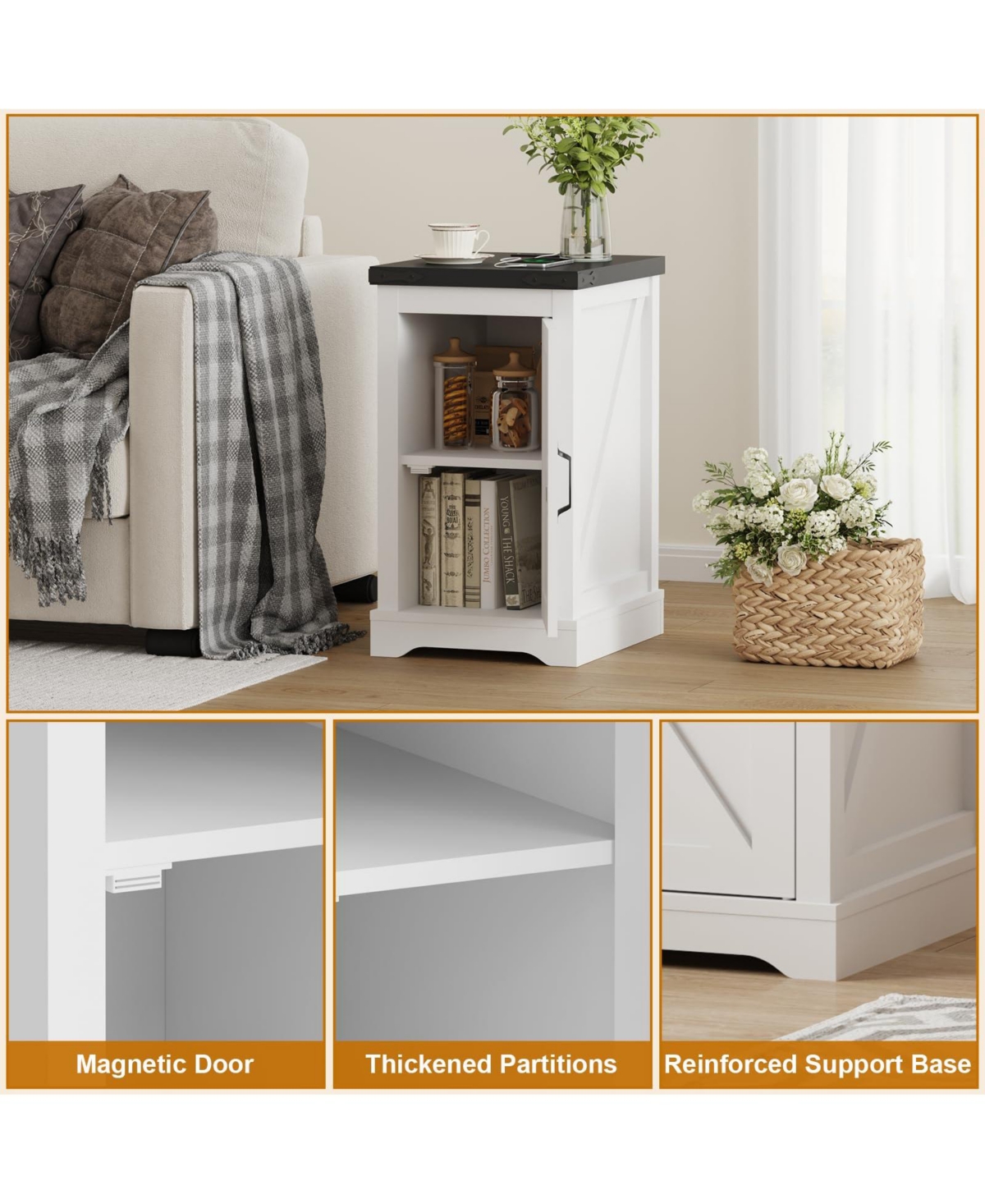 gaomon Home Farmhouse Nightstand End Table. Wood Storage Bedside Cabinet with Cord Management