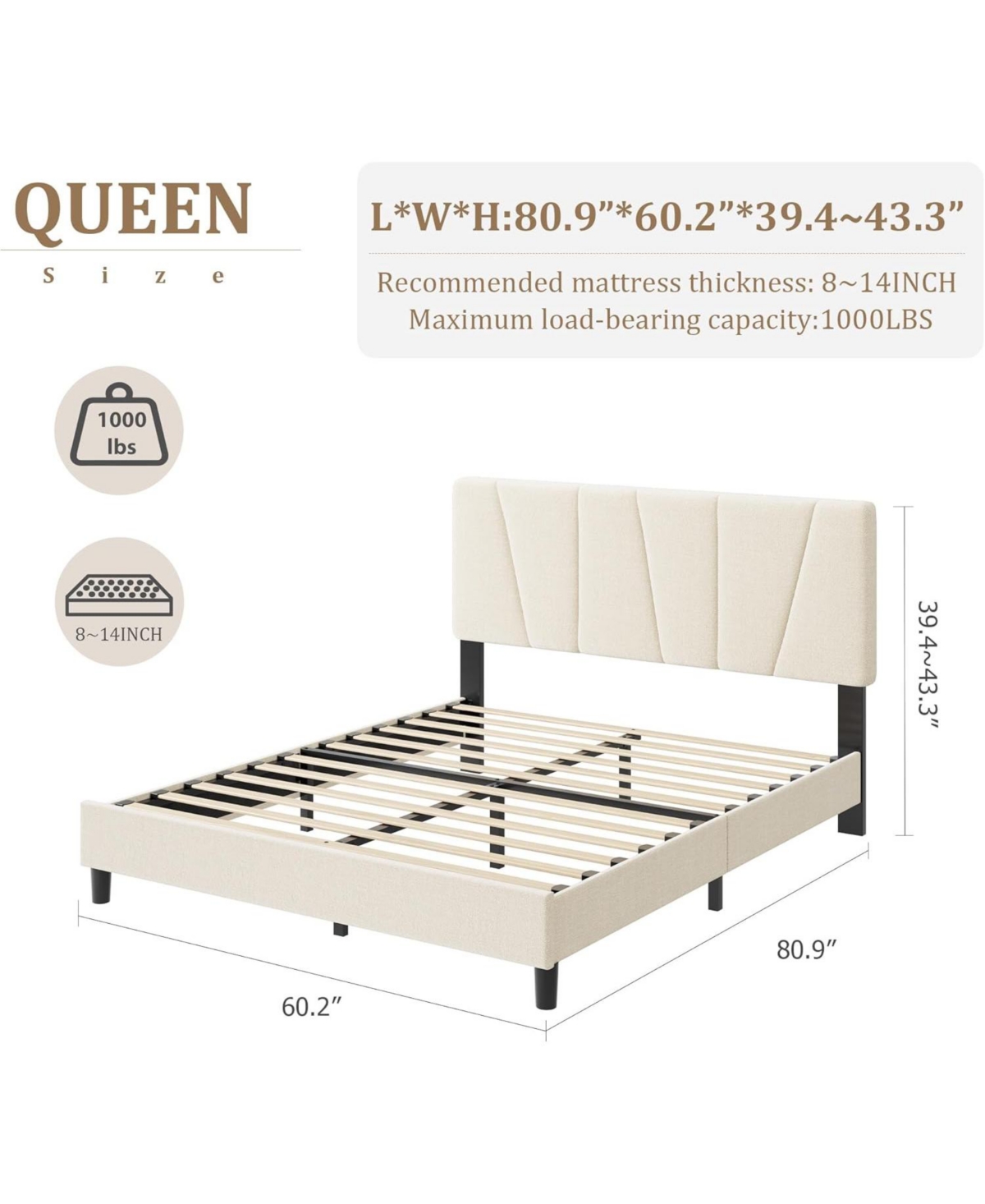 gaomon Upholstered Platform Bed with Adjustable Headboard Wooden Slats