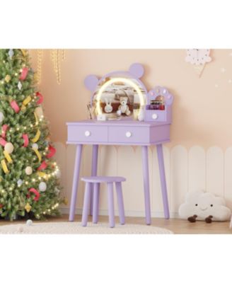 Bear-Shaped Lighted Mirror Kids Vanity Table and Chair Set - Wooden Princess Makeup Desk with Stool, Storage Drawers