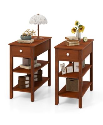 2 PCS Narrow End Tables with Drawer Shelves and Rubber Wood Legs Sofa Side Table