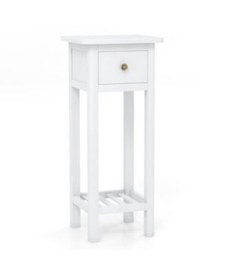 Two-Tier Acacia Wood Slim Nightstand with Drawer and Open Shelf