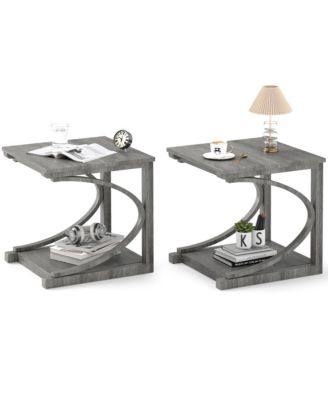 2PCS 24'' Side End Table with Storage Shelf and Rubber Wood Frame for Small Space