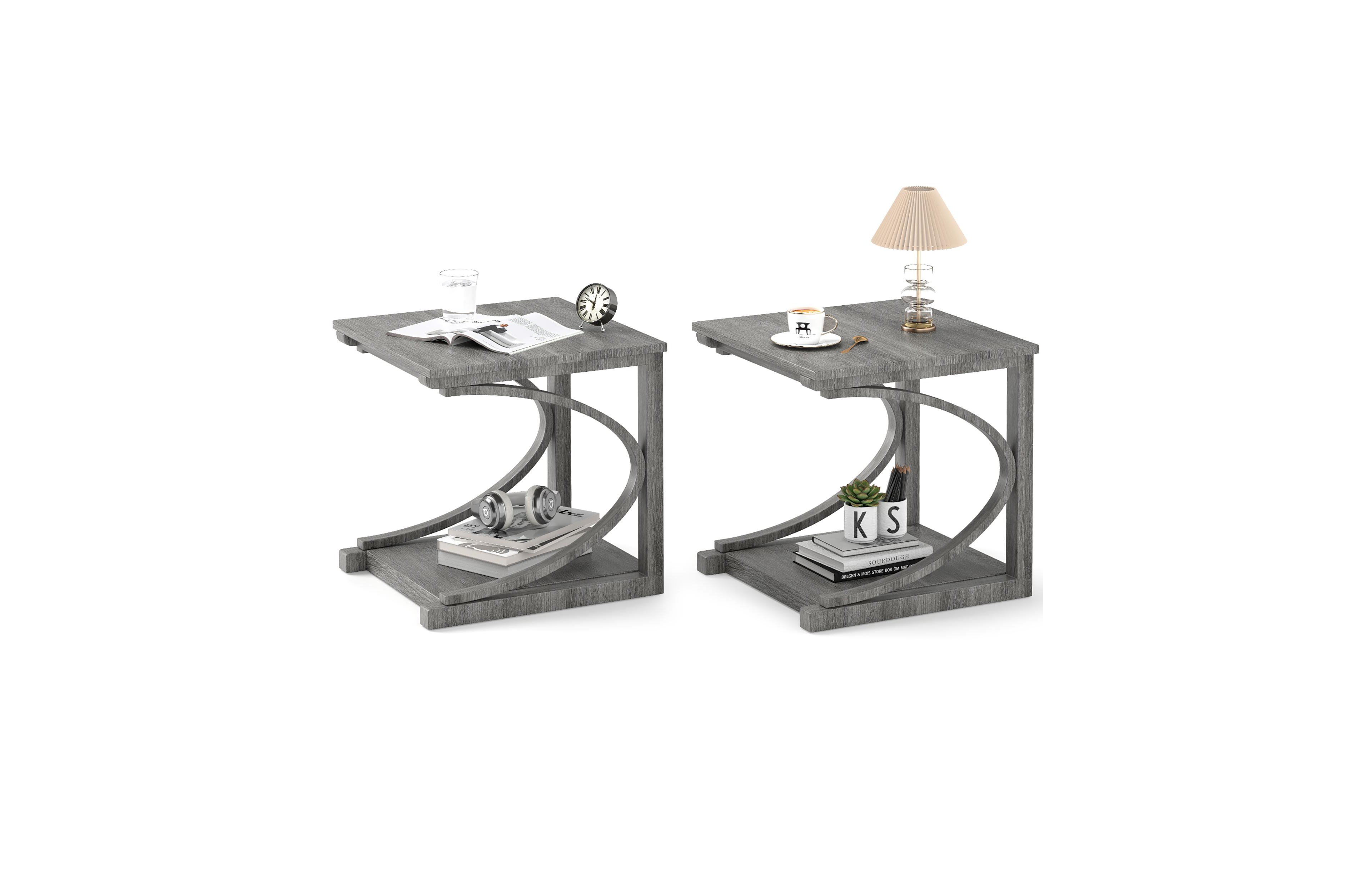 Gymax 2PCS 24'' Side End Table with Storage Shelf and Rubber Wood Frame for Small Space