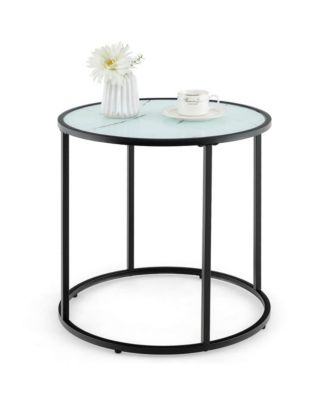 Glass End Table 20'' Round Side Table with Metal Frame and Faux Marble Glass Top