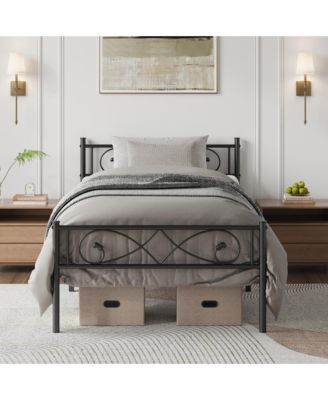 Metal Platform Bed Frame with Fist-Style Headboard and Footboard, Underbed Storage and Metal Slats, Box Spring Not Required