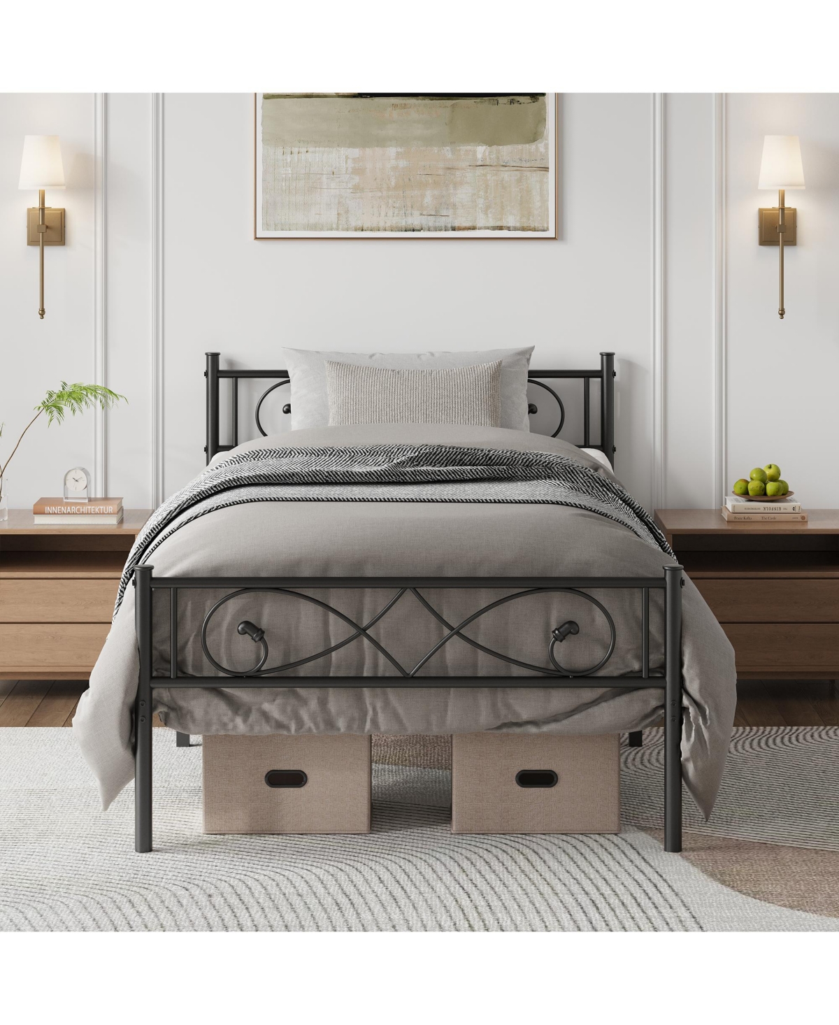 Homfan Metal Platform Bed Frame with Fist-Style Headboard and Footboard, Underbed Storage and Metal Slats