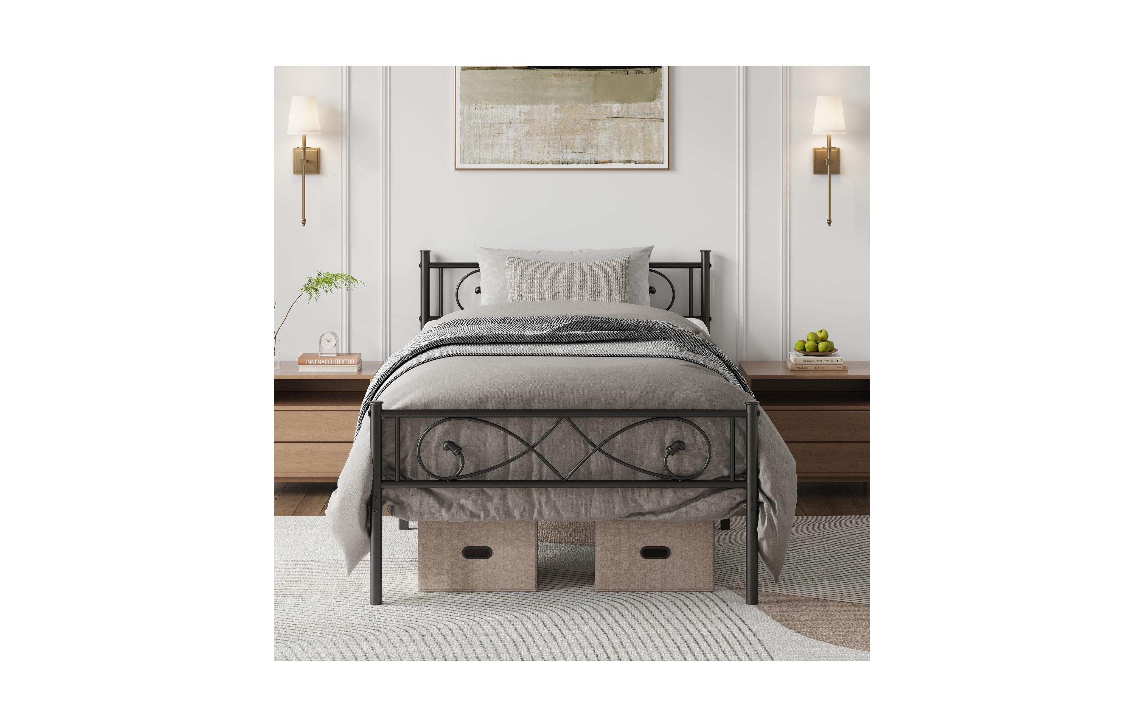 Homfan Metal Platform Bed Frame with Fist-Style Headboard and Footboard, Underbed Storage and Metal Slats